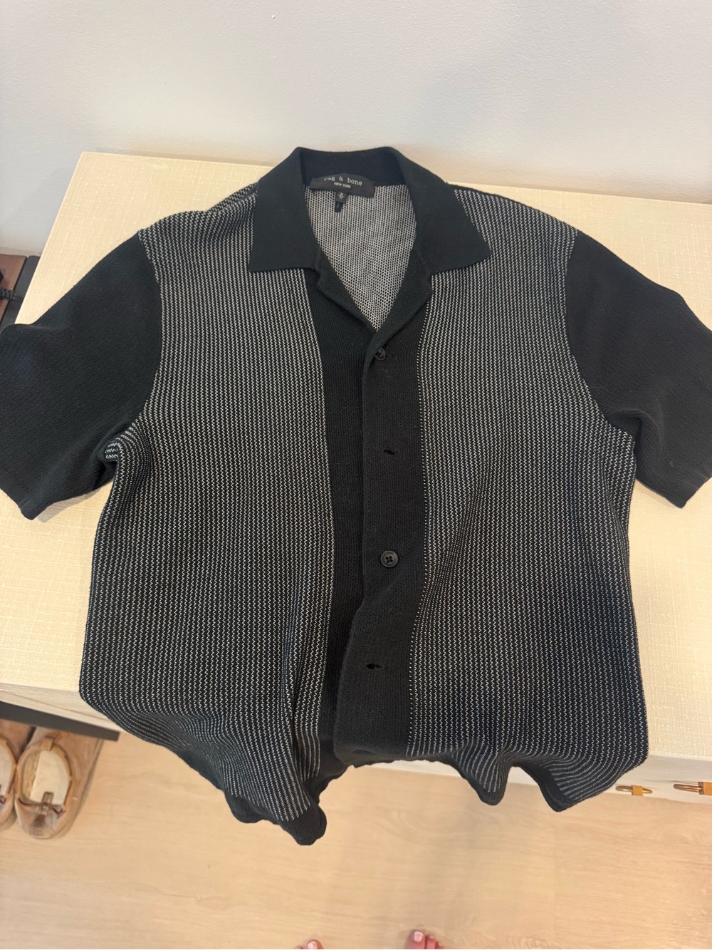 rag & bone Black and Gray Short-Sleeve Button-Down Knit Shirt